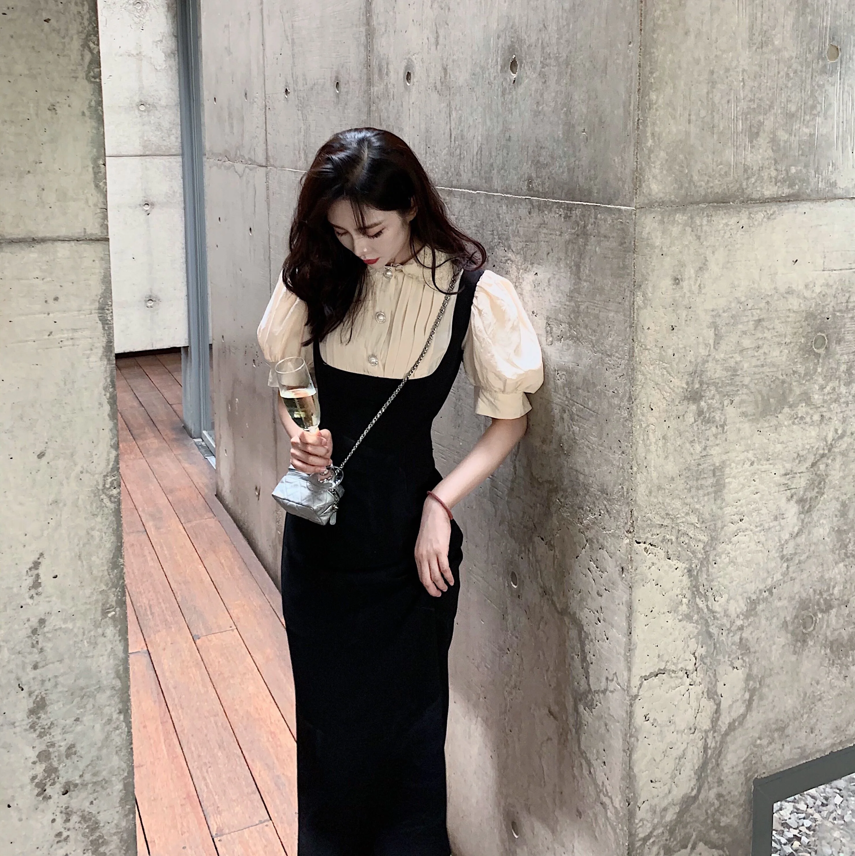 

Amor Inheritor Early Autumn Dr Rich Girl Sle High Waist Bubble Sve Long Skirt Commute Friendly round Ne H-ape Dr