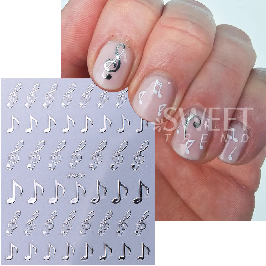 3 pezzi note musicali adesivi per unghie 3D nero oro argento simboli design fai da te Y2K metallizzato olografico gel smalto cursori decorazioni per unghie