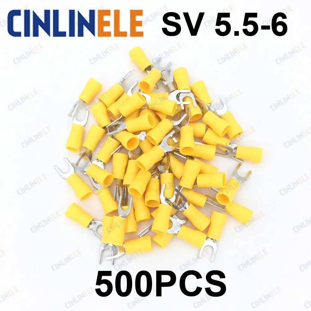 500PCS Crimp Terminal SV 5.5-6 AWG12-10 2.63-6.64mm^2 Crimp Fork Spade Yellow Fork Terminal Brass SV5-6