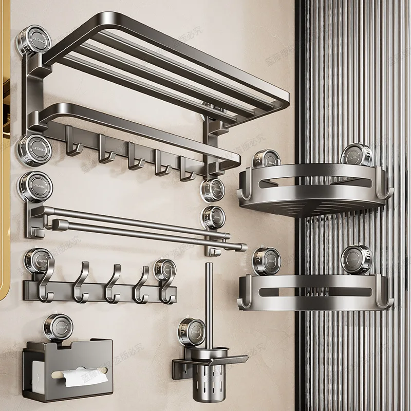 Gray Suction Cup Bathroom Towel Rack Shelf Set No Drill Wall Mounted Folding Storage Organizer Two Tier Spacing Towels Paper