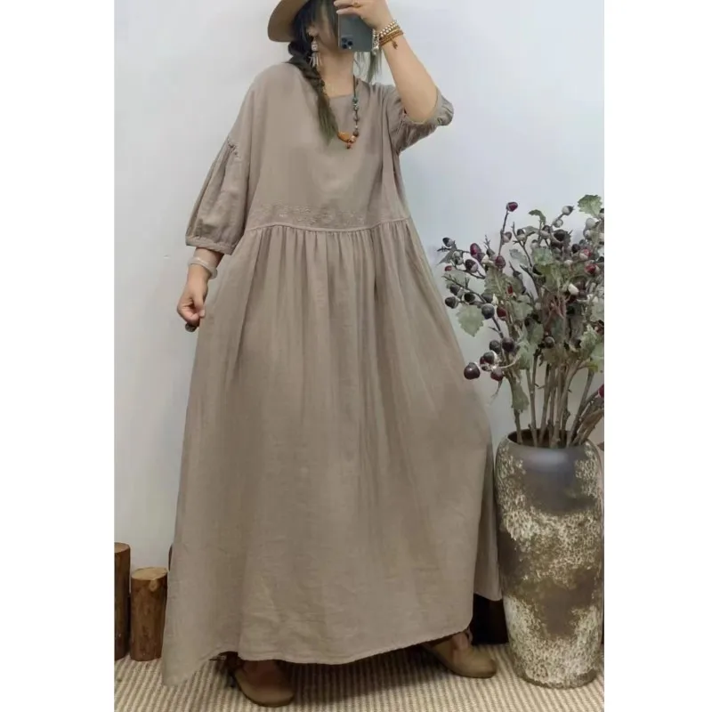 Johnature Vintage ปักผ้าฝ้ายชุด 2025 ฤดูร้อนใหม่ญี่ปุ่นหลวม 6 สีชุดสตรี