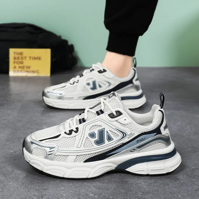 

Men's Spring 2025 Breathable Mesh Sports Shoes Dad Style Thick Bottom Casual Shoes Korean Version Leather Splicing round Toe