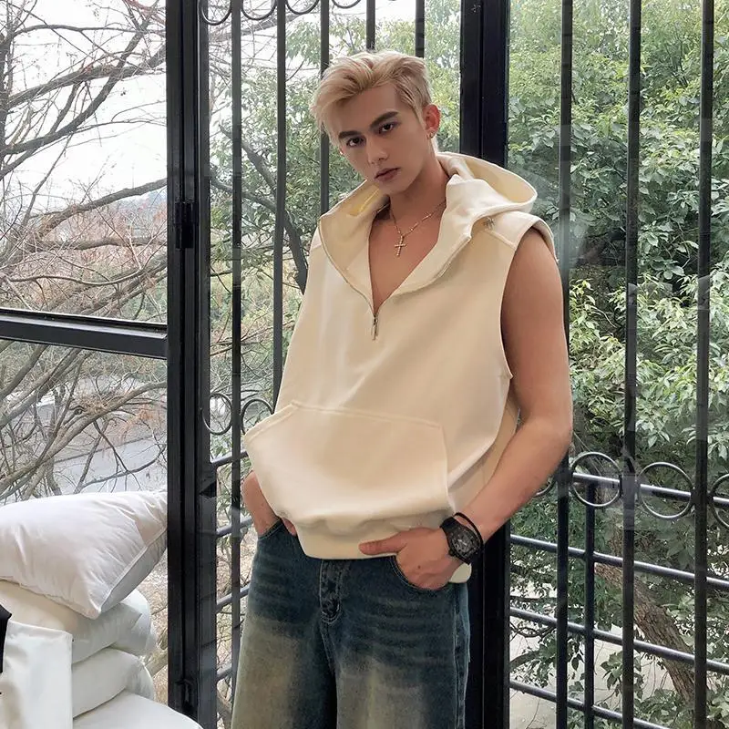 

Men's Plus Size American Streetwear Sleeveless Hoodie Vest Casual Summer Tank Top Hooded Sweatshirt Jacket Fashion Street Style