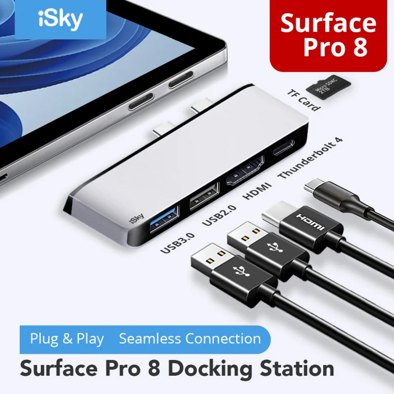 

Многофункциональная док-станция iSky для Microsoft Surface Pro8, HDMI, 4K, сетевой порт RJ45, концентратор USB 3.0 с Ethernet