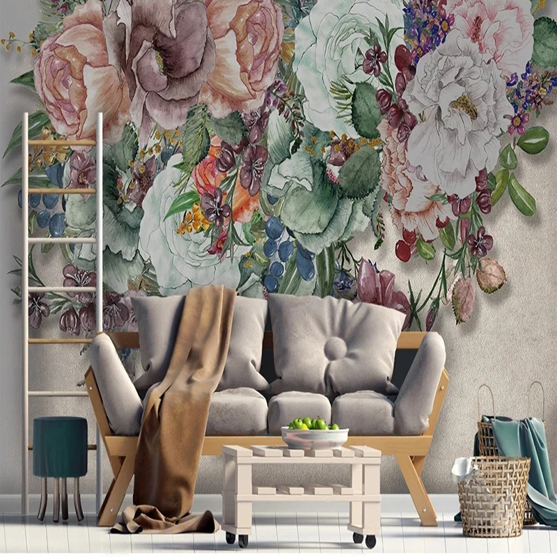 European Vintage Hand-painted Flowers Mural Wall Paper Living Room Sofa Background Wall Papel De Parede Home Décor Tapety Fresco