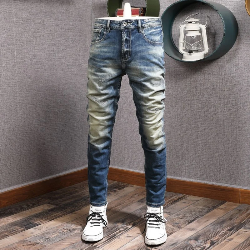 Fashion Designer Men Jeans Retro Blue High Quality Stretch Slim Fit Ripped Jeans Men Trousers Vintage Casual Denim Pants Hombre