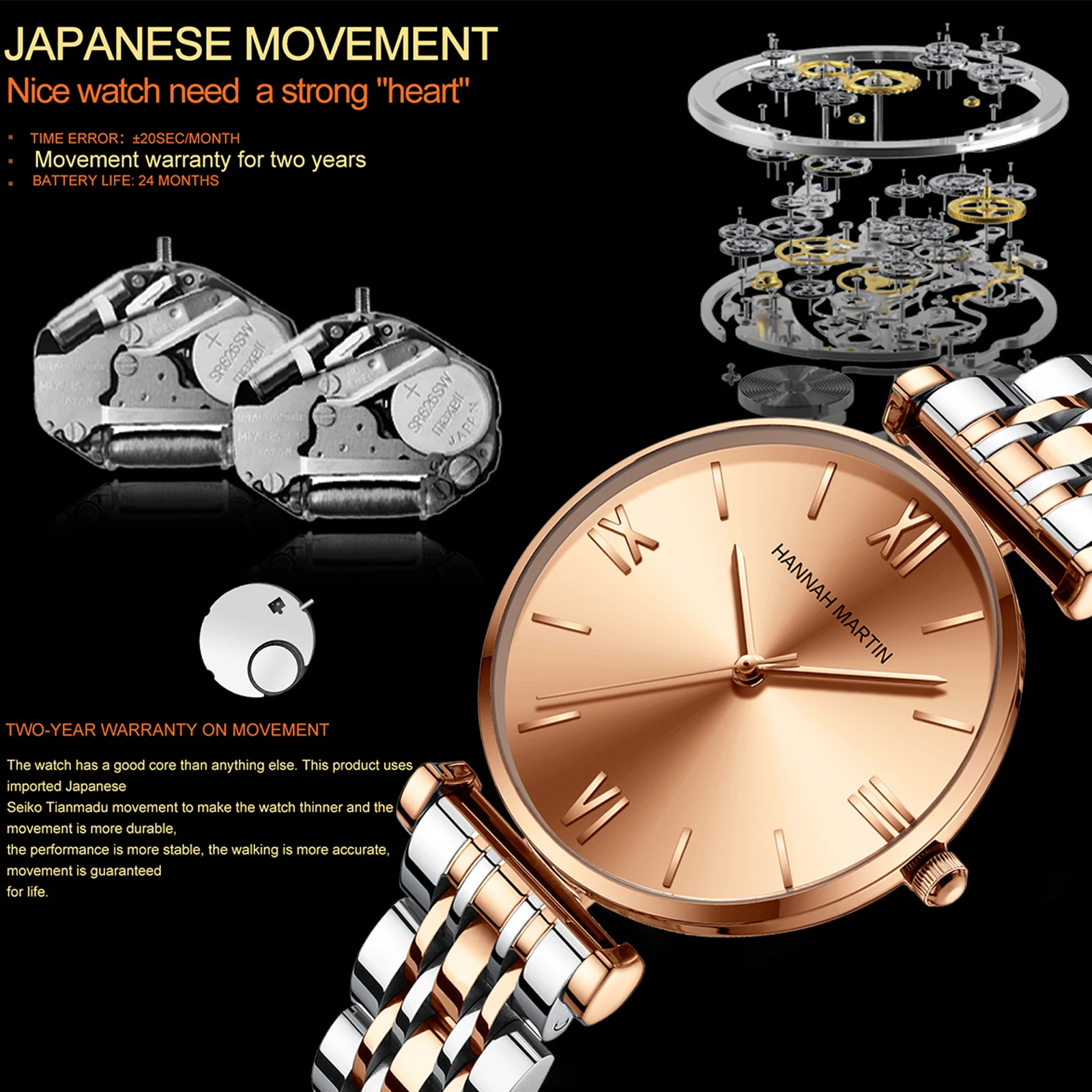 Simple Fashion Stainless Steel Women Watch Rose Gold Elegent Japan Movement Quartz Wristwatch Simple Round Dial Bracelet Watch