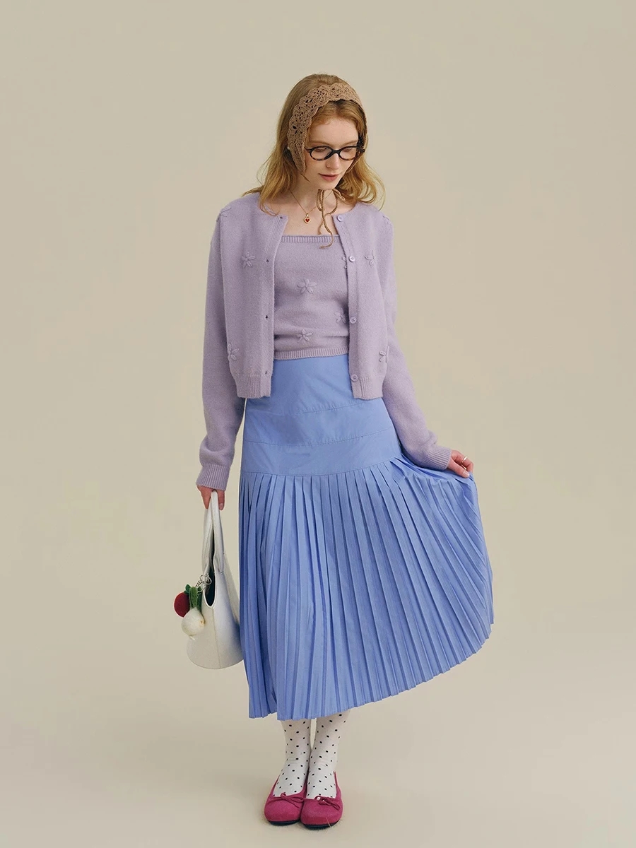 REDDACHiC السماء الزرقاء المرقعة الطية تنورة مكتب العمل عادية الصلبة رقيقة عالية الخصر ألف خط فلوي تنورة طويلة الصيف النساء قيعان