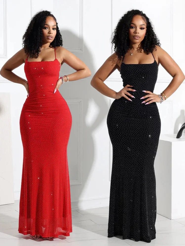 

Sexy Rhinestone Embellied Slim Fit Strap Dr Women's Polyester Me Dr mid Waist Pure Color No Sve