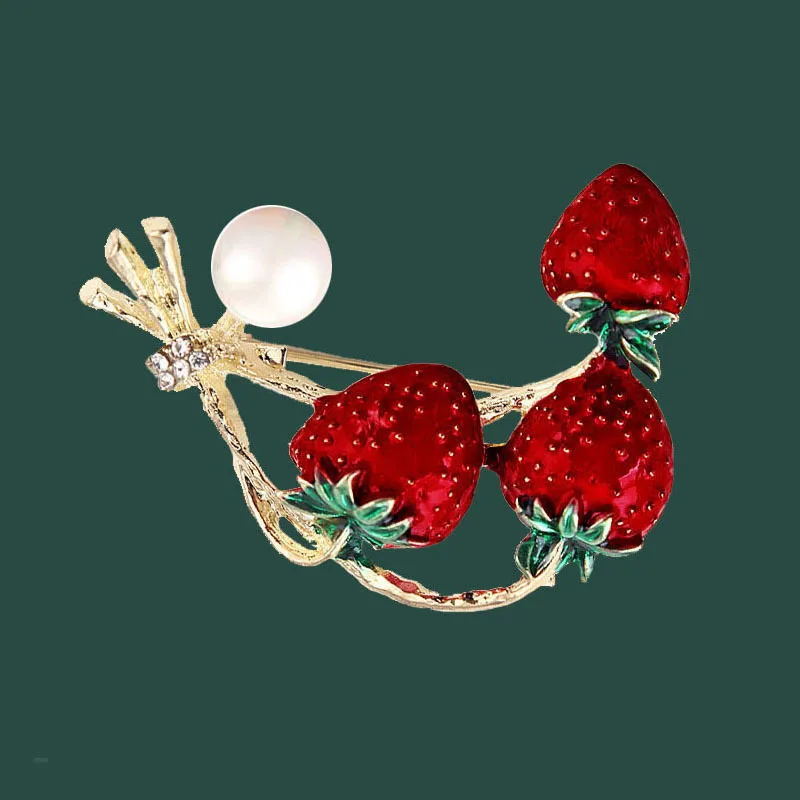 Vintage Fashion Enamel Strawberry Brooches For Women\'s Sweet Cute Pearl Vegetable Fruit Brooch Pins Clothing Accessories Gifts