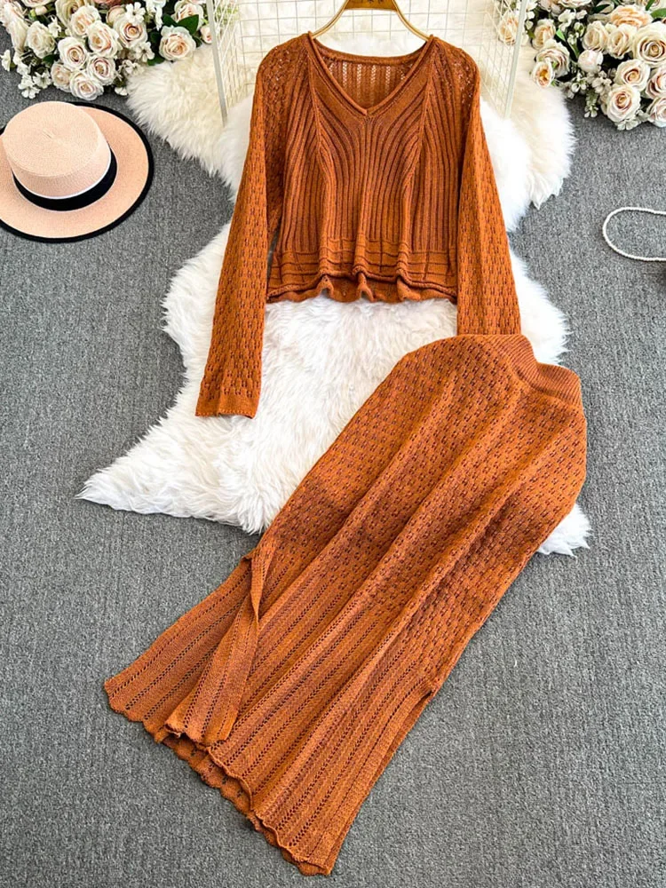 Women's Autumn 2 Pieces Set Long Sleeved V-neck Knitted Sweater Sexy Slit Long Skirt Faldas Two-piece Set High-end Female TP011