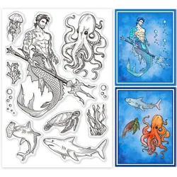 Mermaid and Shark Clear Stamps for Cards Making Seaworld Turtle Octopus Clear Stamp Seals Transparent Stamps for DIY Scrapbook