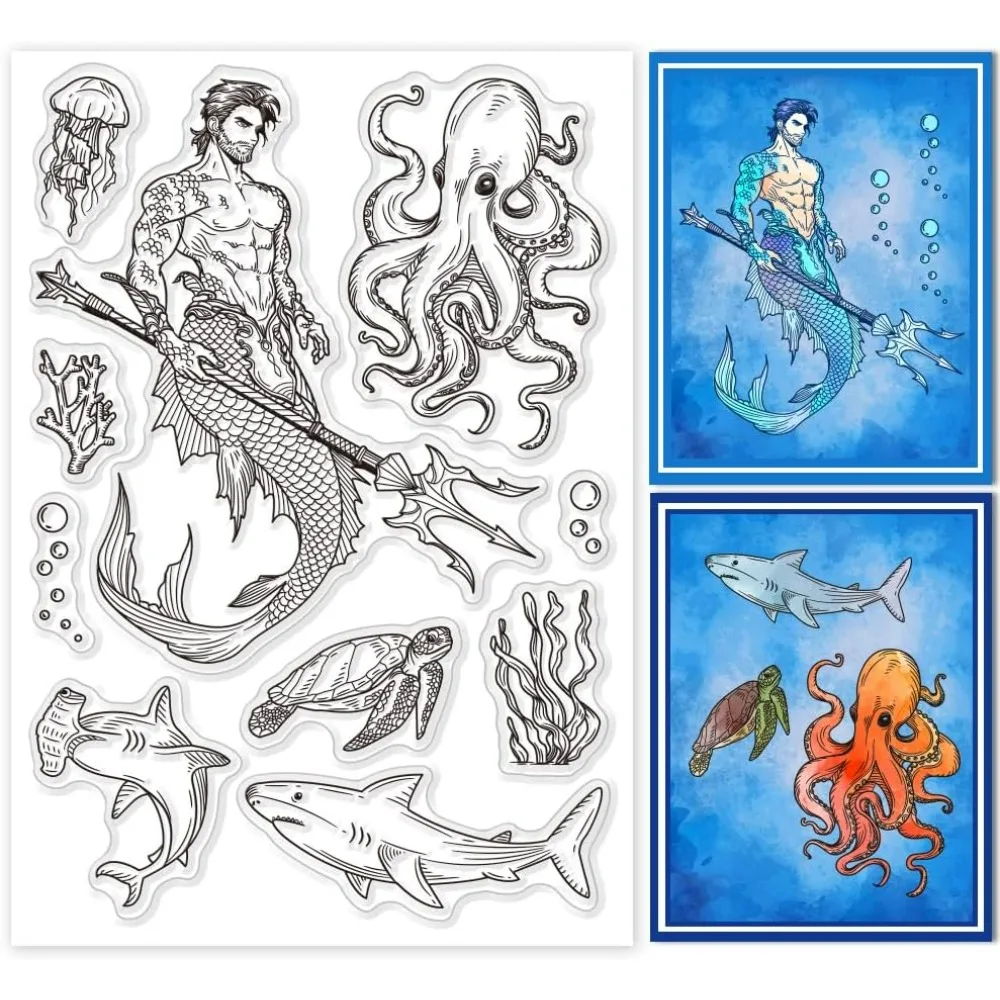 Mermaid and Shark Clear Stamps for Cards Making Seaworld Turtle Octopus Clear Stamp Seals Transparent Stamps for DIY Scrapbook