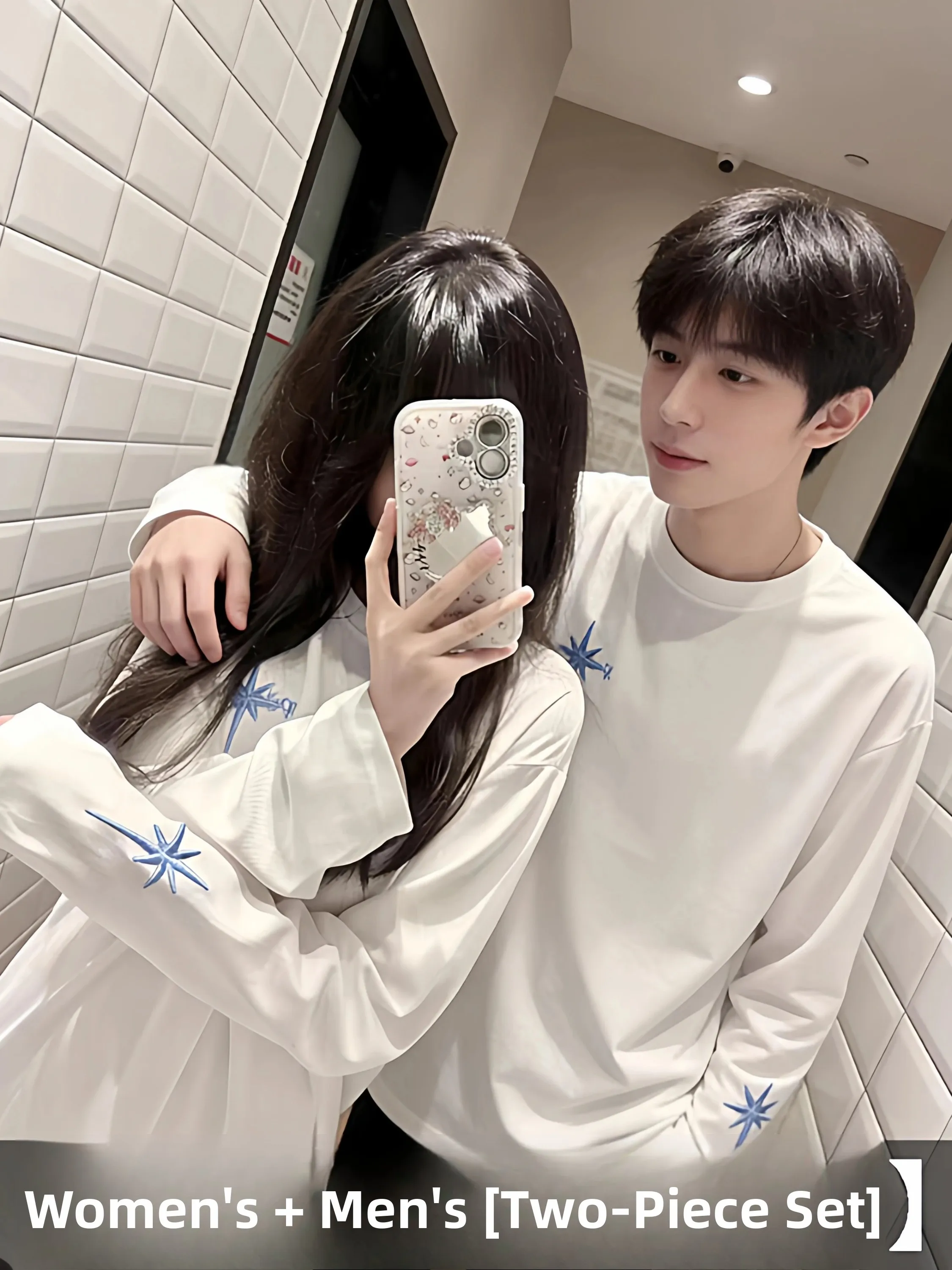 American High Street Couple Matching Long Sleeve T-Shirt Women's Spring Autumn Cotton round Neck Embroidered Top Base Shirt