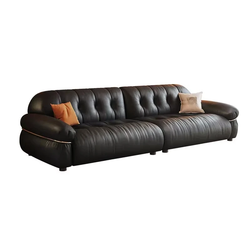 French retro style living room small apartment Bauhaus black sofa leather