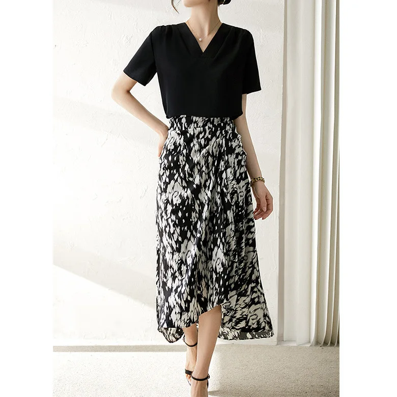 Light Luxury Elastic Heavy Crepe Silk T-shirt White Black Summer Women's Collar Small Top