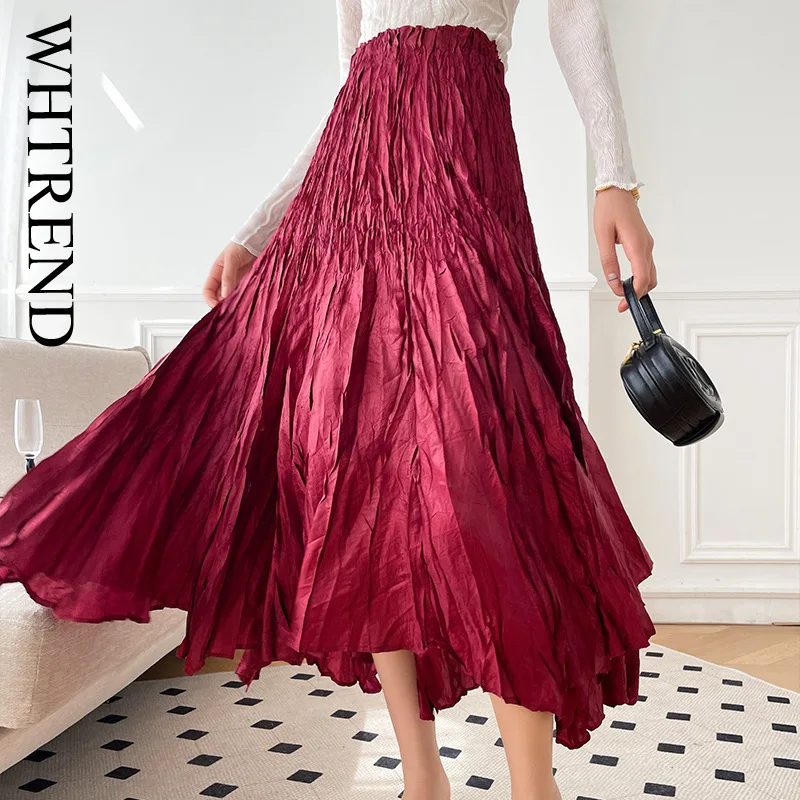 

WHTREND Pleated Skirt For Women Large Hem A-line High Waist Thin Skirts Spring Autumn New Style WH2061