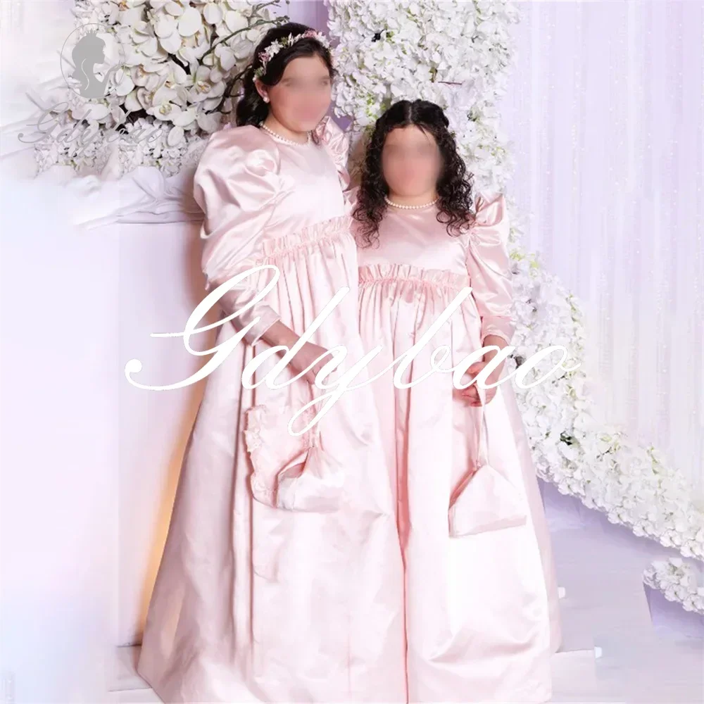 

Pleat High Neck Simple Classic Style First Communion Dress Floor Length Elegant Puff Sleeve Flower Girl Gown Customized New