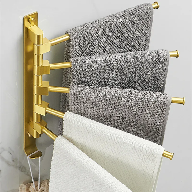 Golden Light Luxury Aluminum Wall Mounted Rotating Towel Rack Bath Rail Hanger Holder Bathroom Accessories Storage