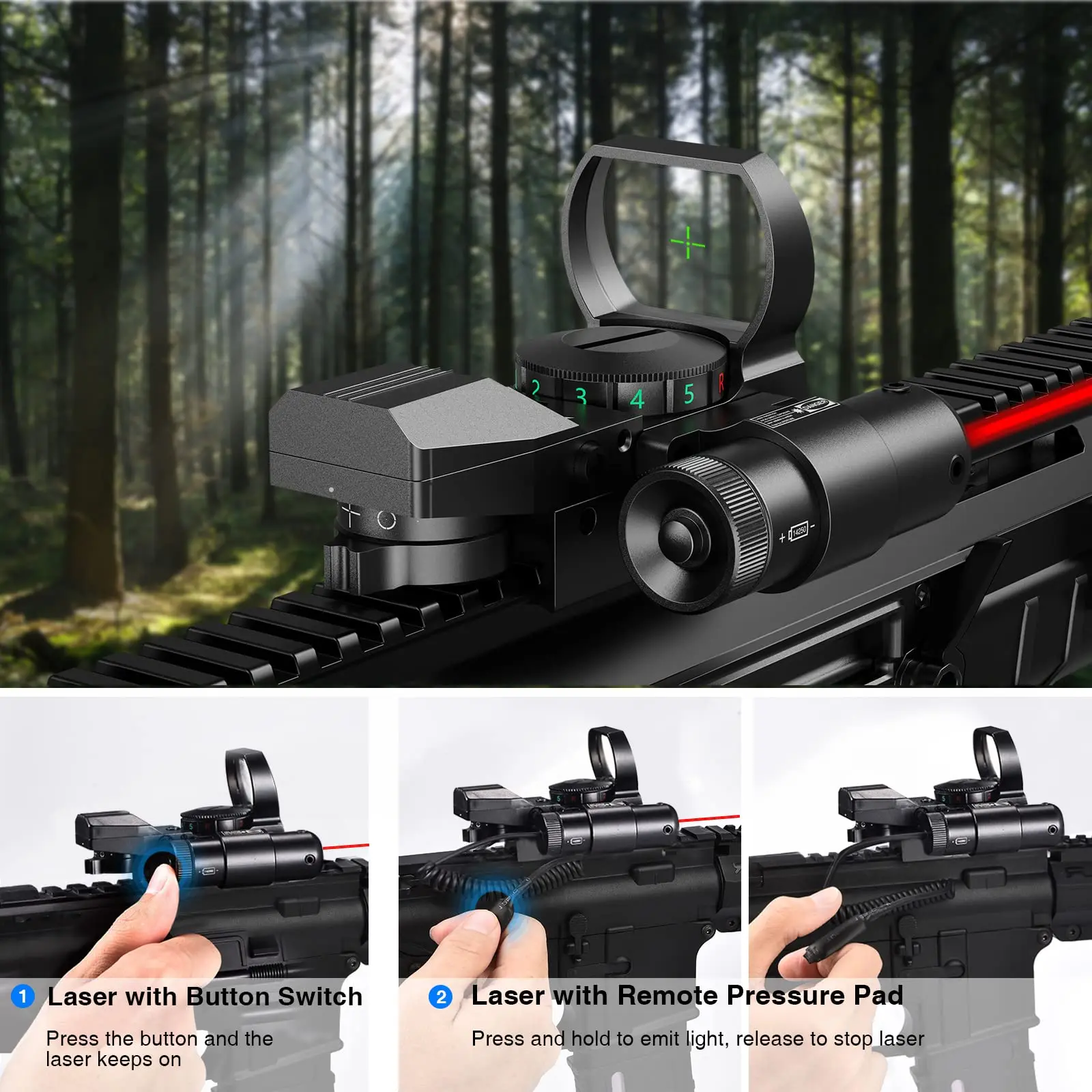 Imagem -03 - Ezshoot Reflex Sight Red Dot Sight 1x22x33 Red Green Reticle Optics com Laser e Pression Pad Switch para Trilho de 20 mm