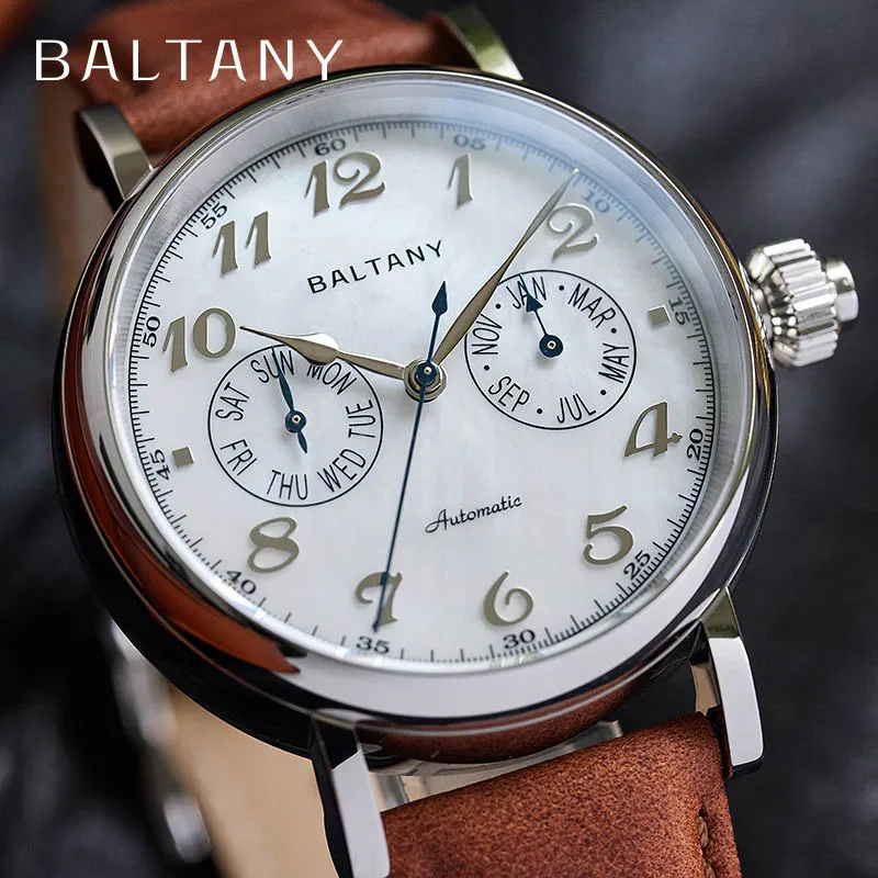 Baltany Vintage Dress Wristwatches Miyota 9122 Vickers 500HV MOP Dial Polished Stainless Steel Multifunction Automatic Watches