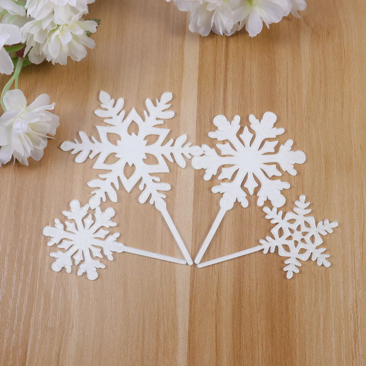 

12 PCS Xmas Ornaments Christmas Snowflake s Happy New Year Cake Toppers Snowflakes Decorations White Party