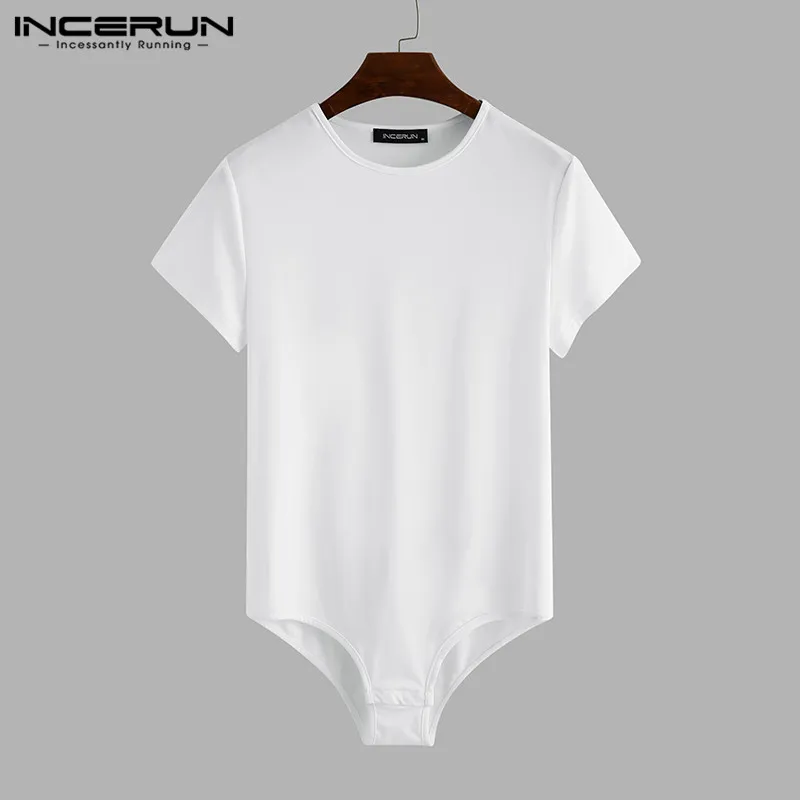 INCERUN Men T Shirt Bodysuit Solid Color Sexy Short Sleeve O Neck Tee Tops Casual Men Rompers T-shirts Breathable Underwear 2023