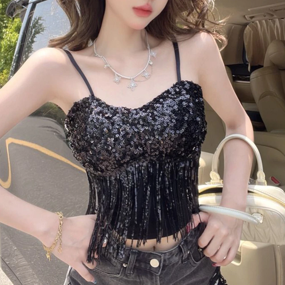 2025, Herbst-Innenraum mit V-Ausschnitt und sexy, glitzerndem Pailletten-Unterhemd-Tanktop, weibliches Internet-Promi-Top, trendige Oberbekleidung