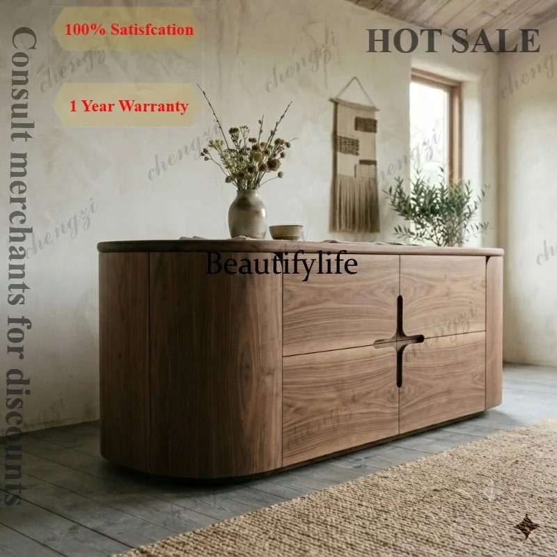 wabi-sandy wind solid wood dining side cabinet retro medieval secret cabinet living room curved storage storage low cabinet