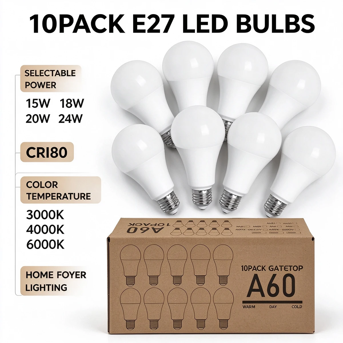 AC 110V 220V E27 LED Light Bulbs 15W 18W 20W 24W Multi Power Options CRI80 3000K/4000K/6000K Lamps for Foyer Indoor Use