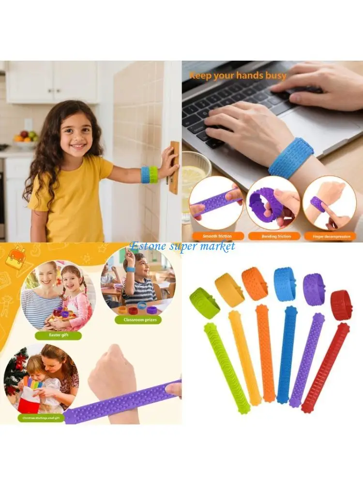 090B 6pcs Kids Stress Relief Bracelet Silicone Sensory Texture Wristband Clap Ring