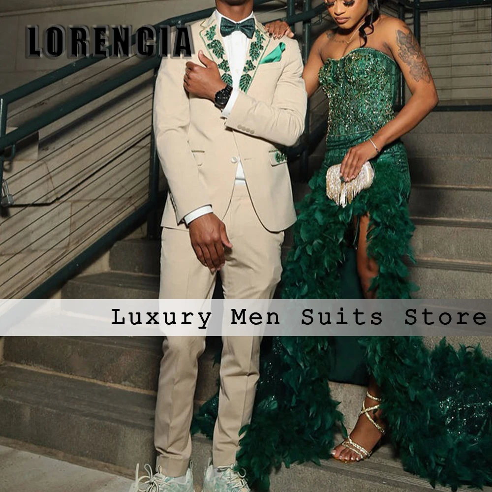 Casual Glitter Applique Male Suits 2 Pieces Flat Collar Loose Tuxedos Wedding Party Groom Customized Blazer Pants ropa hombre