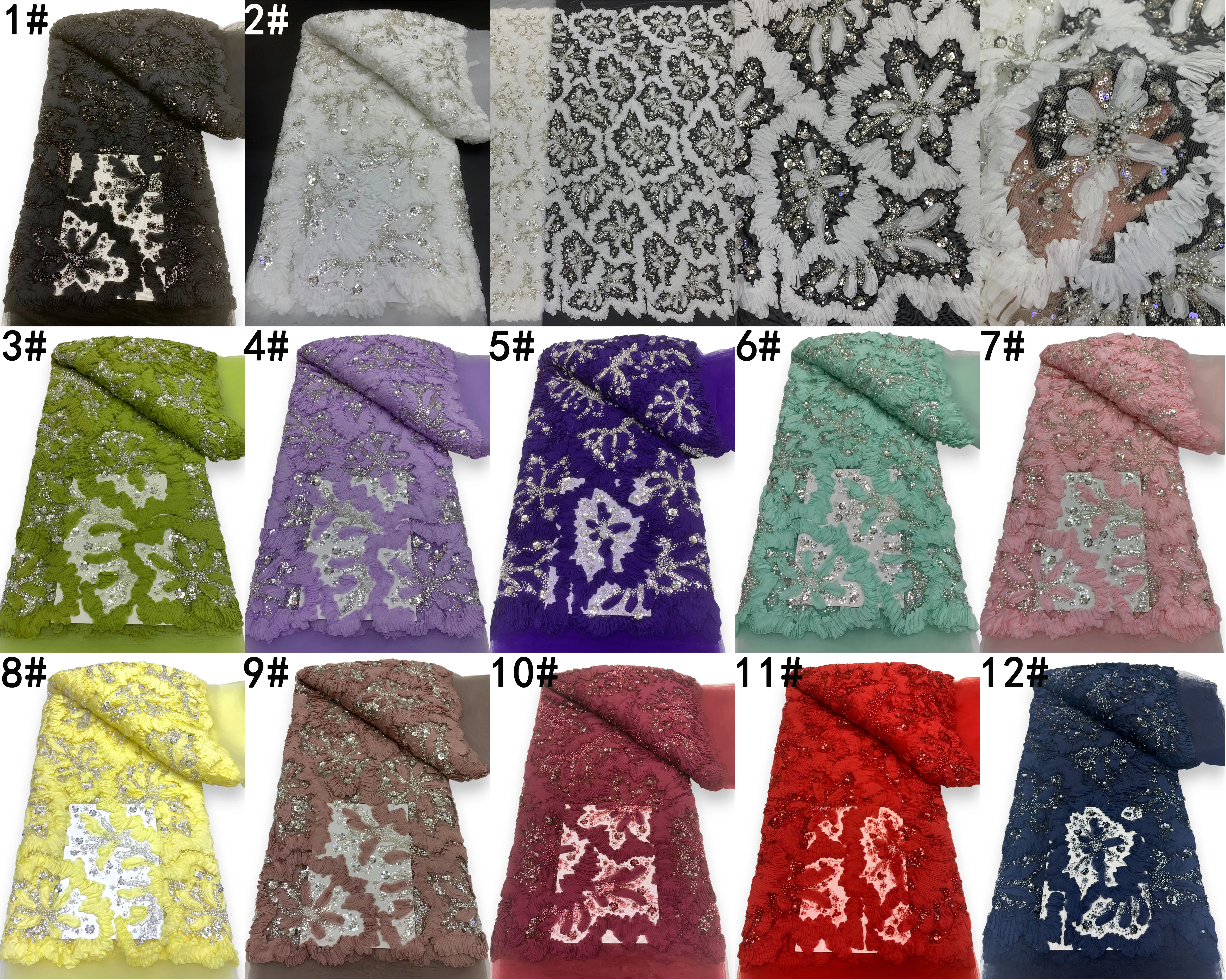 2025 Tessuto chiffon con paillettes di alta qualità Tessuto di pizzo chiffon Maglia francese Tessuto di pizzo Perline Tessuti di pizzo africano per cucire