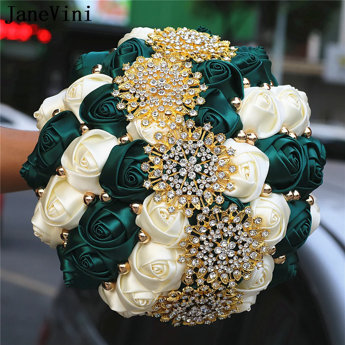 JaneVini Luxus Gold Kristall Braut Bouquet Blume Hochzeit Sage Grün Satin Funkelnden Strass Braut Hand Hochzeit Bouquet Neue