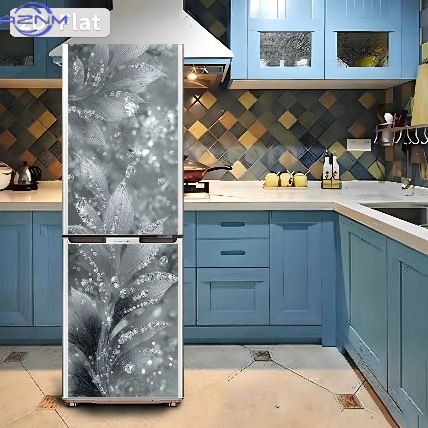 2D Flat Printing 1pc Refrigerator Sticker 60×180cm Silvery Leaf Crystal Pattern Themed Design Wall Sticker Self-Adhesive Wallp