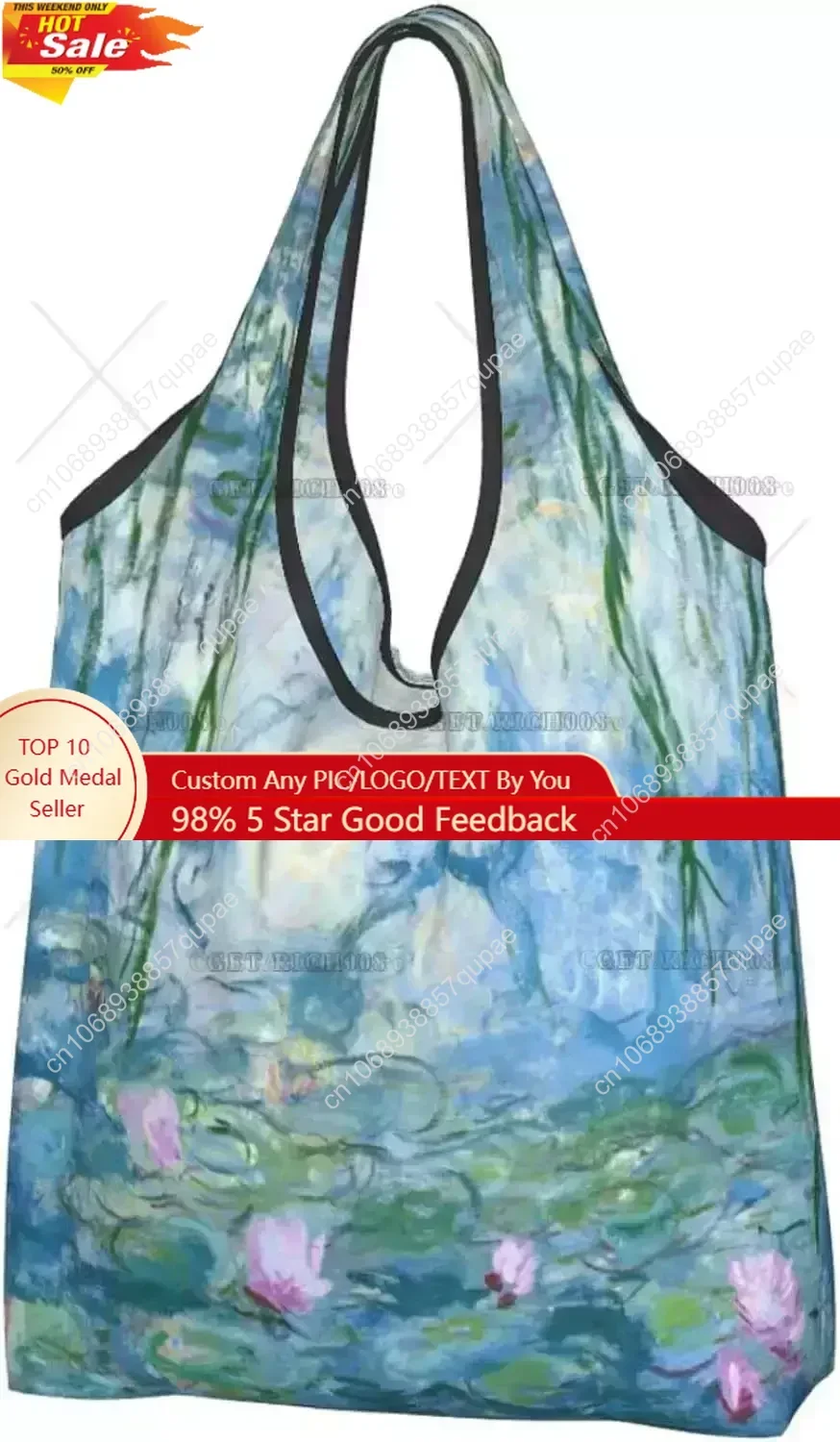 

Monet Lotus Oil Painting Large Reusable Grocery Shopping Tote Bag Portable HandBag No Zipper Fashion Shopper Bag Tote Bags