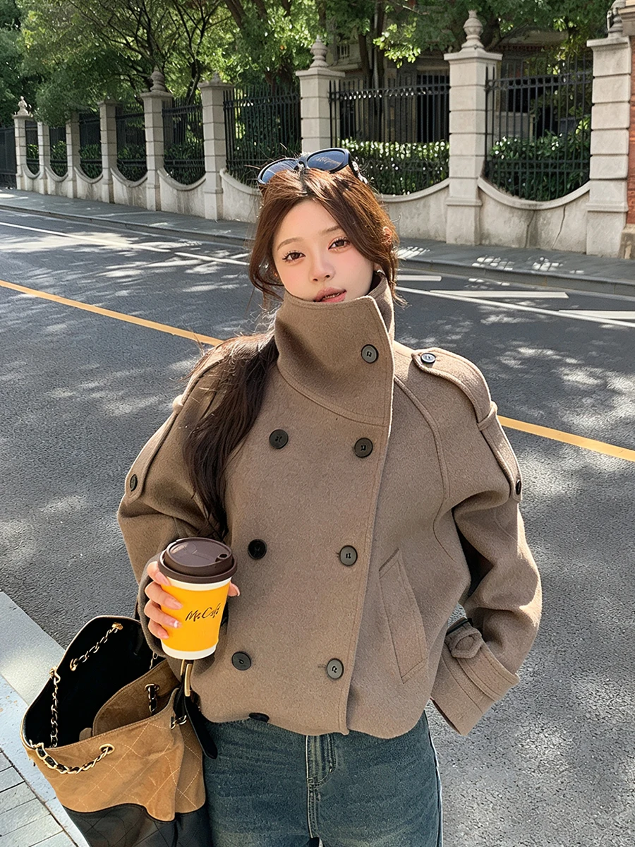 

Шерстяное пальто женское в корейском стиле с поясом, воротником-стойкой, прямого кроя, для зимы и повседневной носки