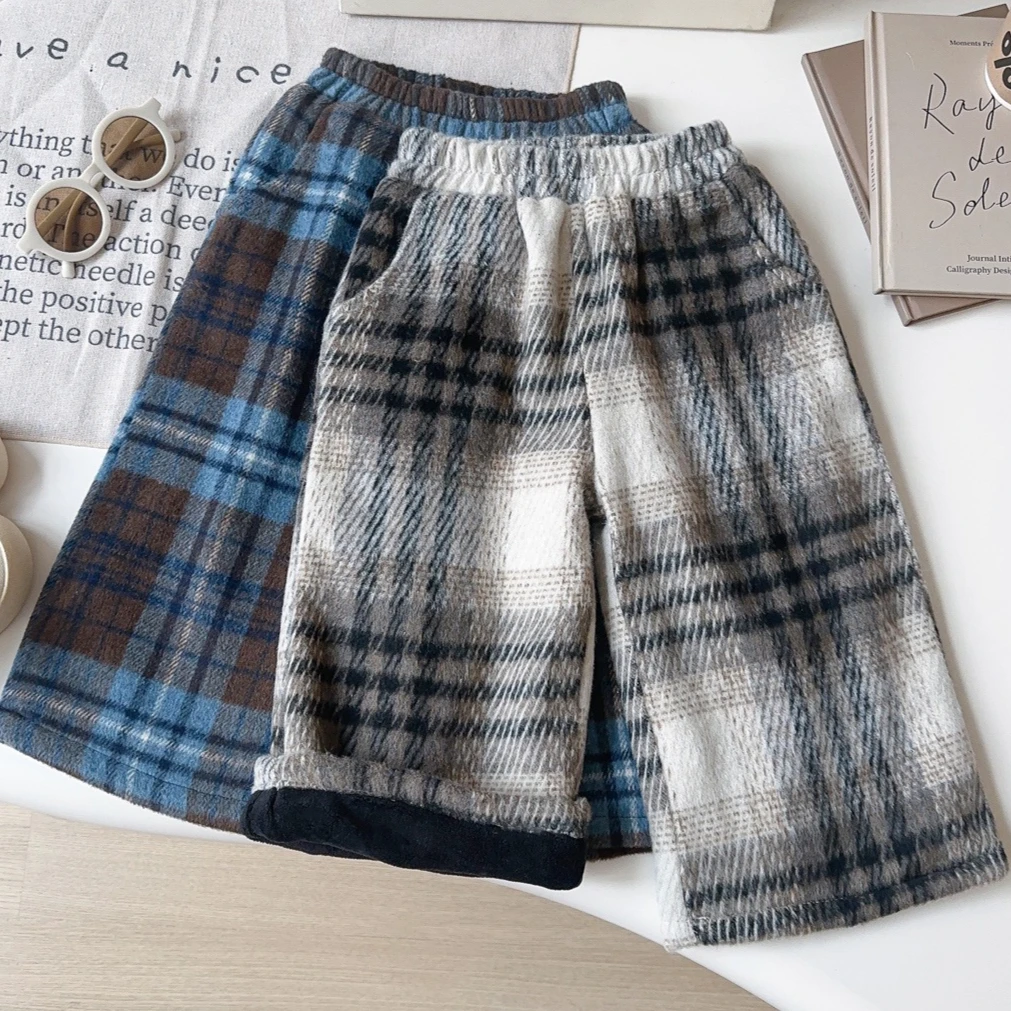 

Girl Pants 2025 Autumn New Children's Clothing Korean Style Girl Baby Plush Thick Plaid Wide Leg Pants Casual Simple All Match