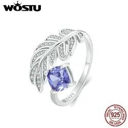 WOSTU 925 Sterling Silver Luxury Shiny Zircon Feather Open Ring Fine Jewelry for Women Wedding Party Jewelry Gift