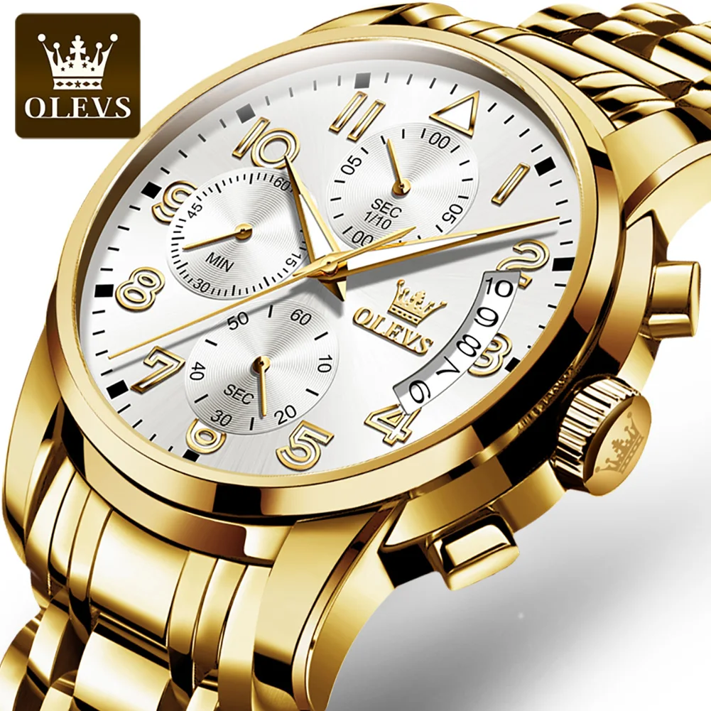 OLEVS Men\'s Watches Luxury Original Stainless Steel Waterproof Watch for Men Multifunctional Quartz Wristwatch Gold Men Watch