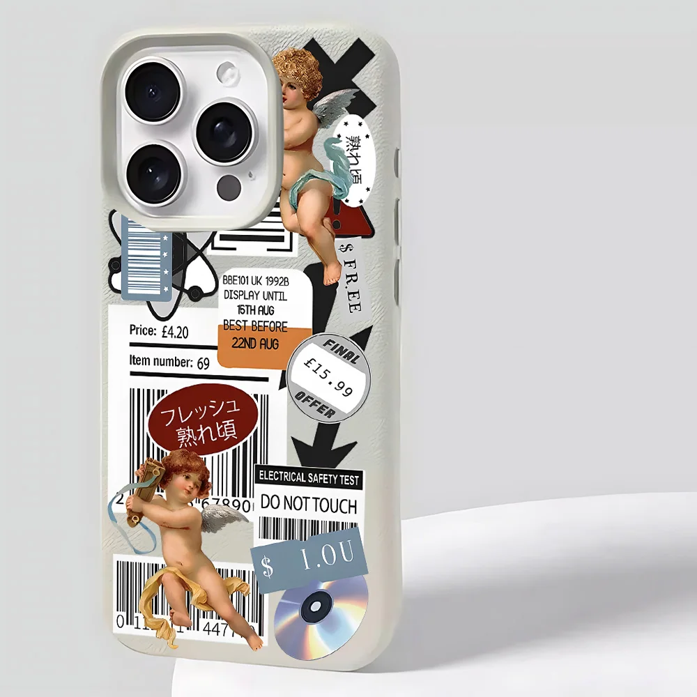 Cupid Record Label Lichee leather pattern Phone Case For iPhone 17 16e 16 15 14 13 12 11 Air Pro Max Plus X XR Shockproof Cover