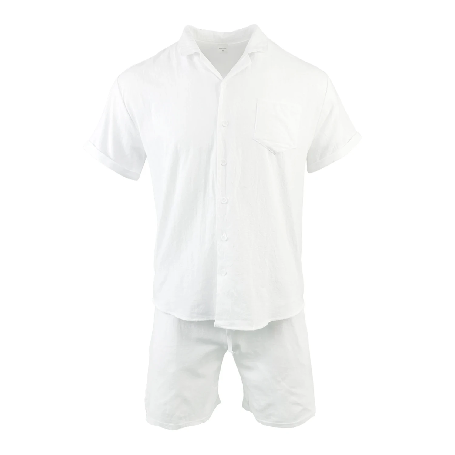 Cotton Linen Shirt Set Men\'s Hawaii Pleated Pocketed Loose Cuban Collar Breathable Comfortable White Men Outdoor Leisure Set