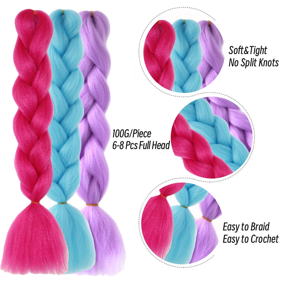 Extensiones de cabello trenzado de fibra de tamaño gigante sintético, colores arcoíris, 24 pulgadas, para niñas y mujeres, Halloween y Navidad, 3 uds.