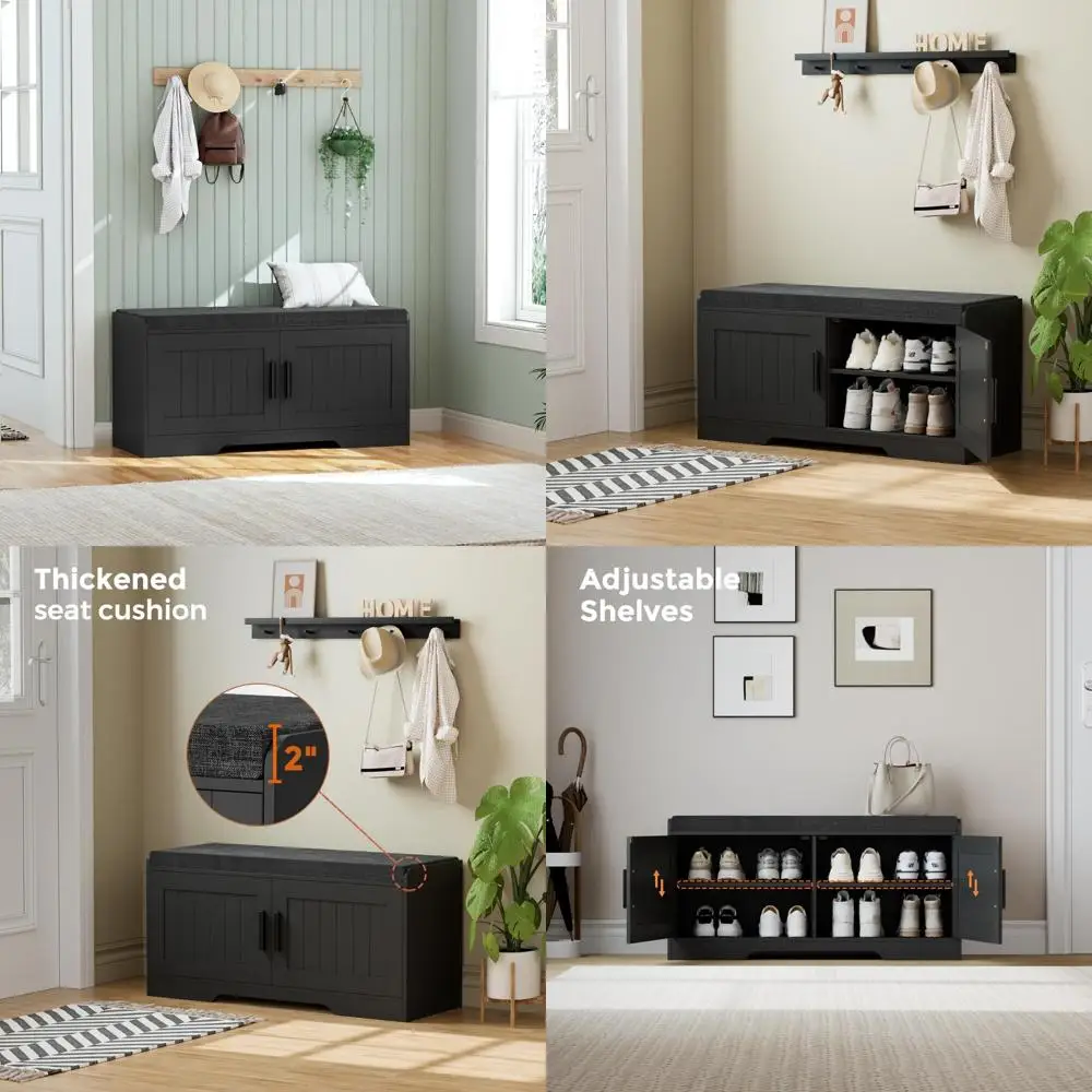 

Double-Tier Storage Shoe Bench with Cushioned Seat, Doored Entryway Furniture with Adjustable Shelves, 13.8 Depth x 37 Width