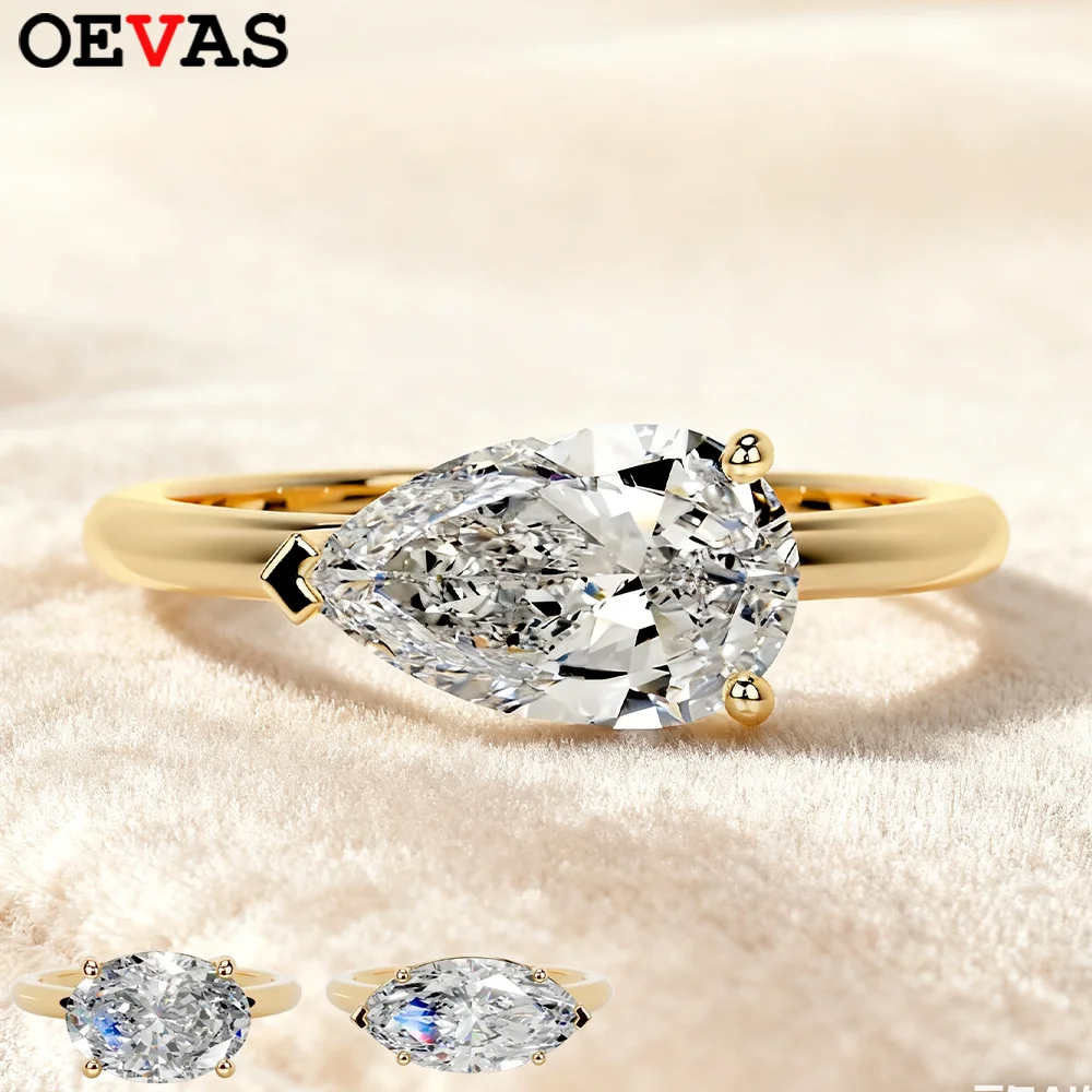 

OEVAS 1/2/3CT Moissanite Solitaire Ring For Women 925 Silver Plated 18K Gold Sideways Pear/Oval Lab Diamond Wedding Band Jewelry