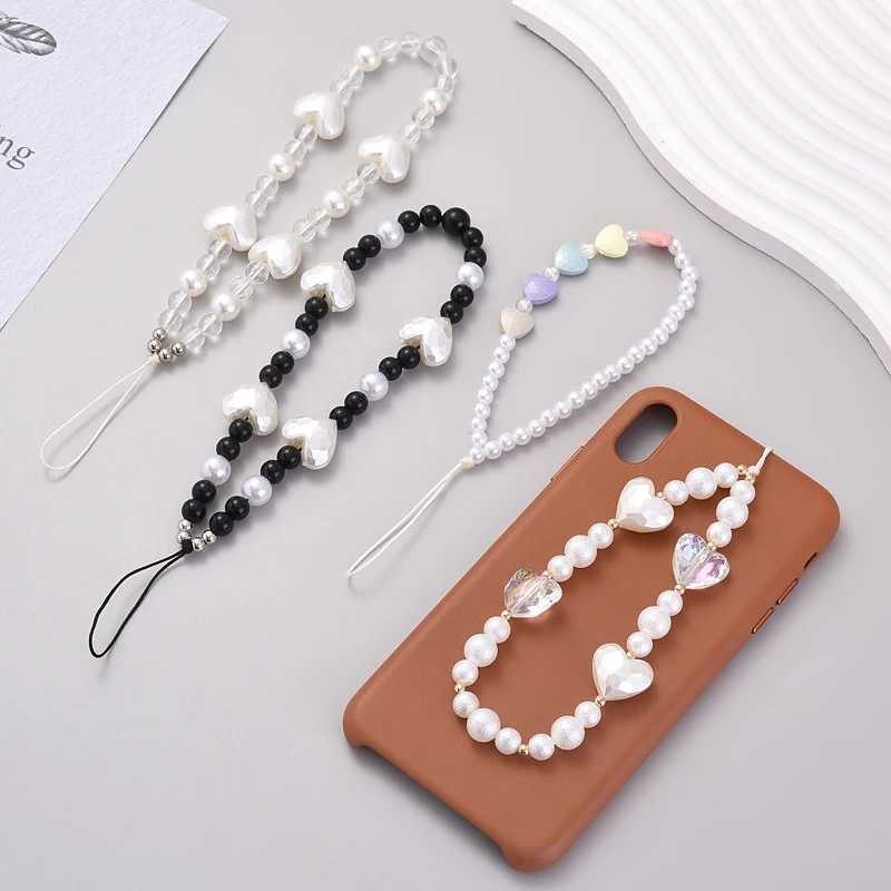 Fashion Acrylic Pearl Mobile Phone Chain Women Girls Round Heart Shape Beaded Telephone Lanyard For Anti-Loss Cellphone Jewelry