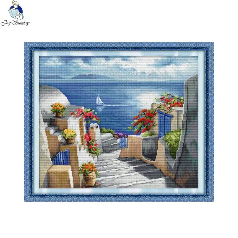 Blue Santorini Scenery Painting Cross Stitch Set Aida 14CT 11CT Count Printed Fabric Needle And Thread Embroidery Kit Home Decor