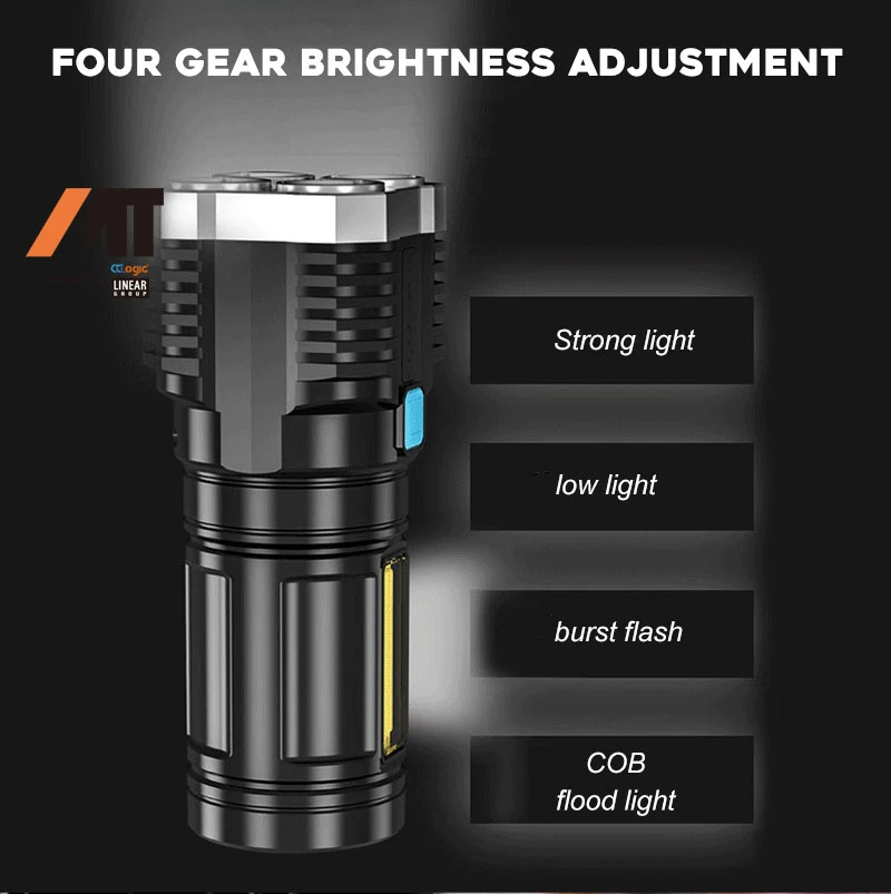 4-core Super Bright Flashlight Rechargeable Outdoor Multi-function P1000 Led Long-range Spotlight Battery Display COB Light