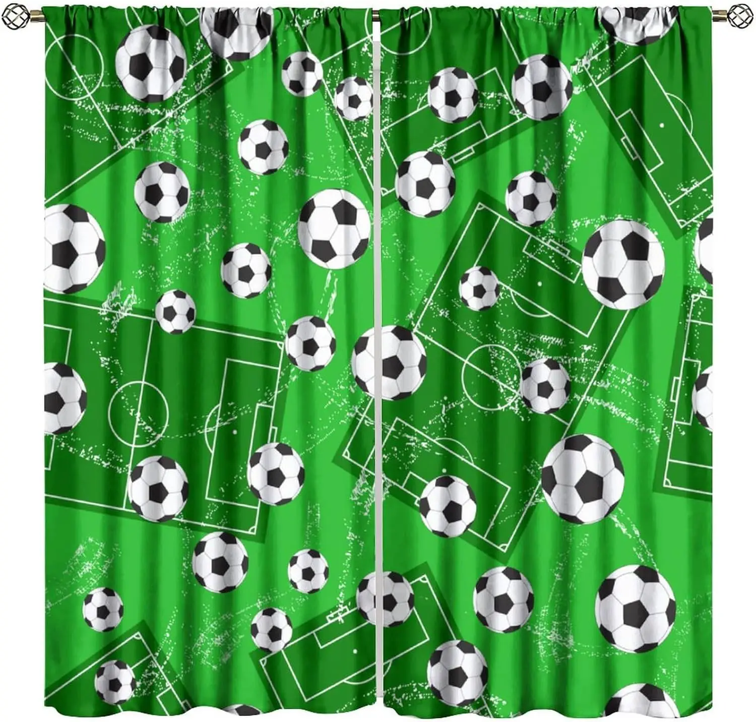 Soccer Field & Soccer Ball Print Window Curtains, Sports Theme Decorative Drapes for Boys Bedroom, Kids Playroom, Man Cave