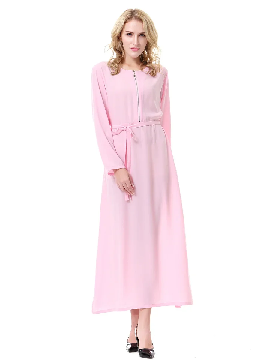 Women's Solid Color Casual Trendy Long Sleeve O-neck Zipper Sashes Ankle Length Dresses Female Clothes Arab Muslim New Fashion